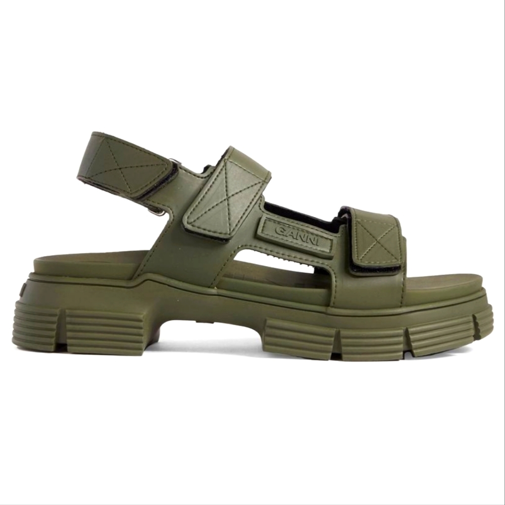 GANNI 37 Army Green Rubber Chunky Lug Sole Sandal